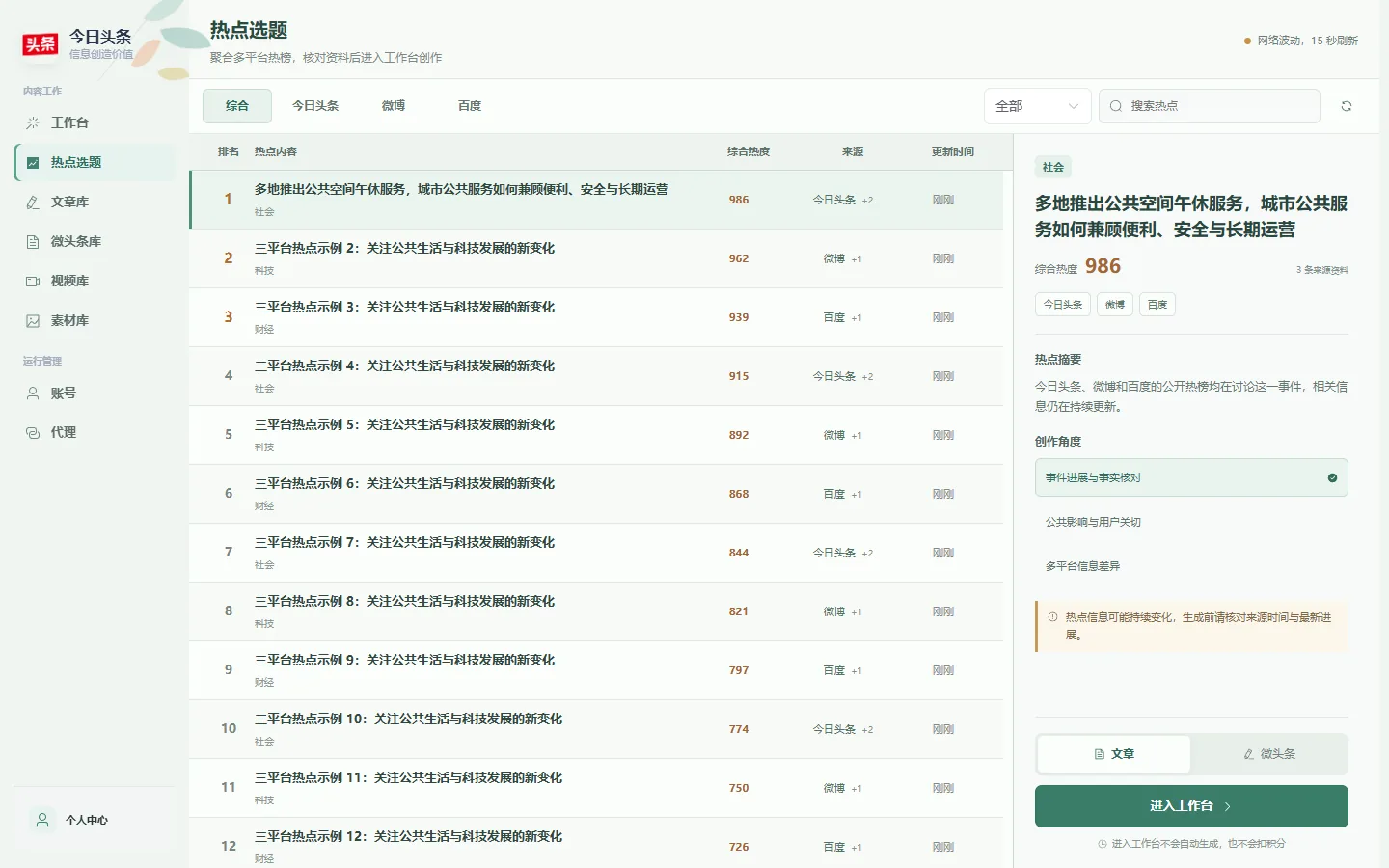 热点选题页面，汇总今日头条、微博和百度热点，并提供分类与创作角度